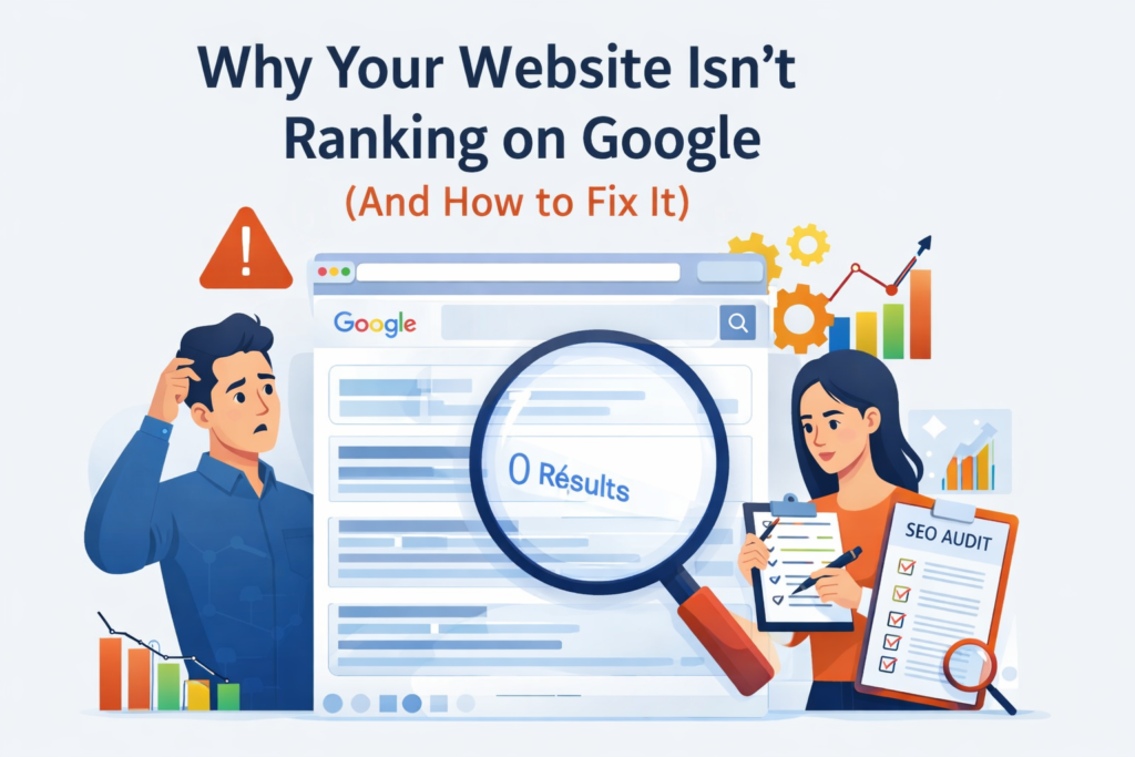 Illustration of website not ranking on Google with search results showing zero visibility, SEO audit checklist, and analytics charts explaining how to improve website ranking on Google.