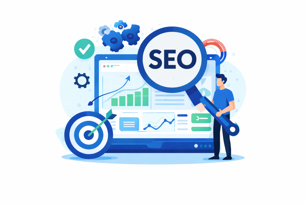 SEO strategy and website optimization process showing search rankings, analytics dashboard, and website performance improvement