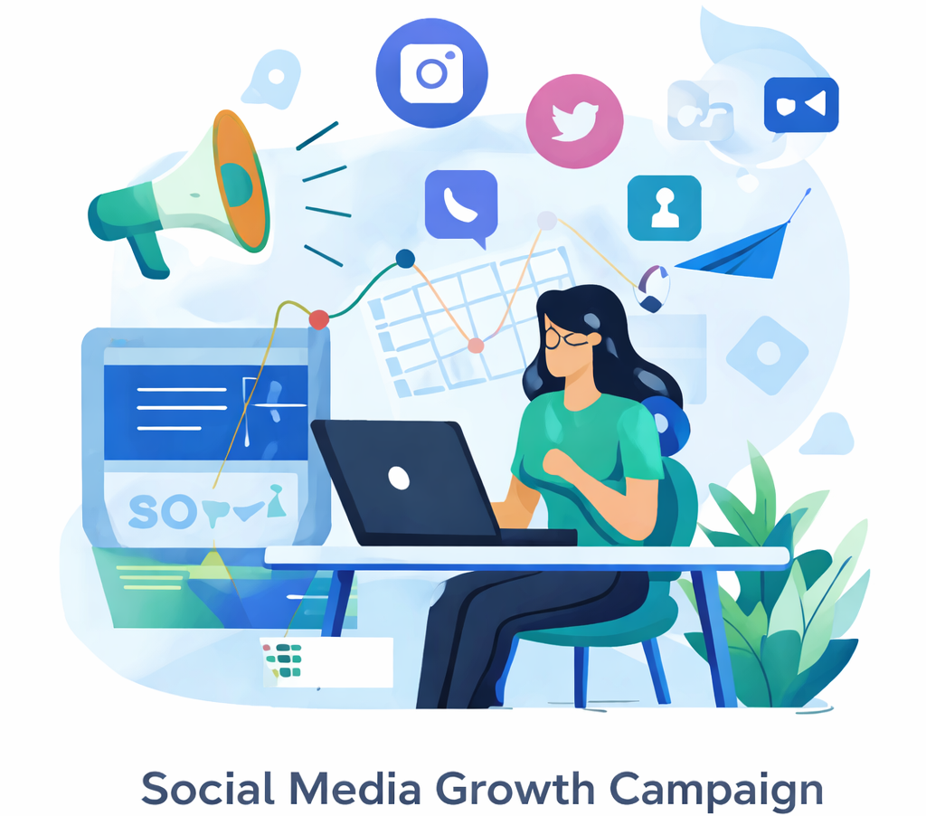 Social media growth campaign strategy with content planning, audience engagement, and brand awareness across platforms