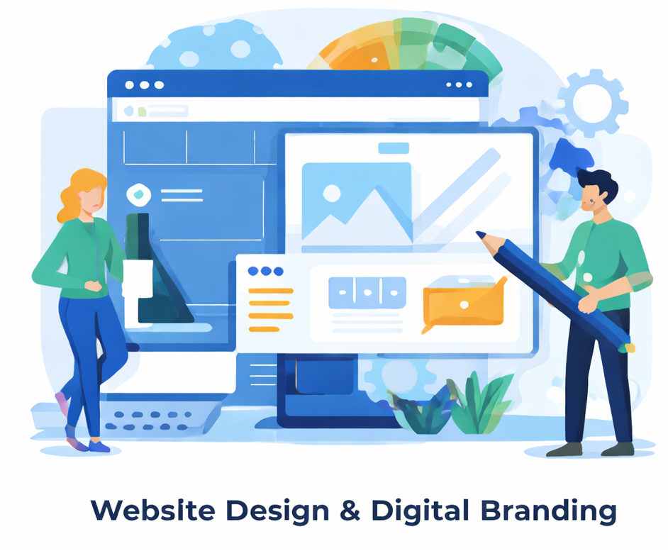 Website design and digital branding concept showing modern UI design, brand identity, and responsive website development